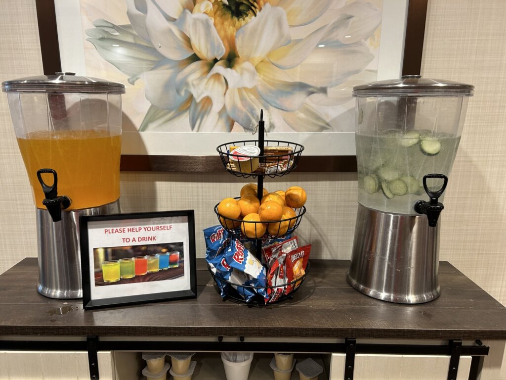 Snacks and fresh beverages at our Hydration Station offer a subtle reminder to residents to eat and drink through the day. At Traditions of Aboite in Fort Wayne, IN.