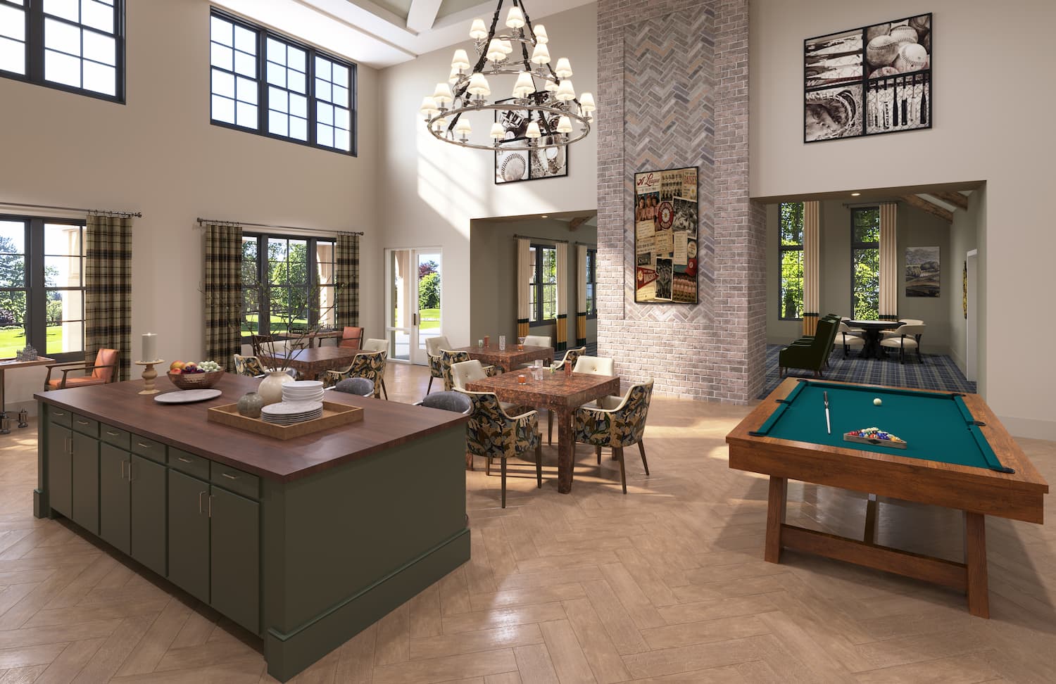 Traditions of Aboite Independent Living Club room rendering featuring a large kitchen island, dining tables, and a billiards table beneath soaring ceilings