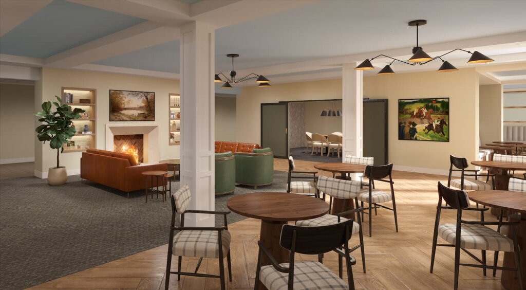 Traditions of Aboite pub social lounge rendering with a fireplace, leather and green seating, round café tables, and a private dining room beyond