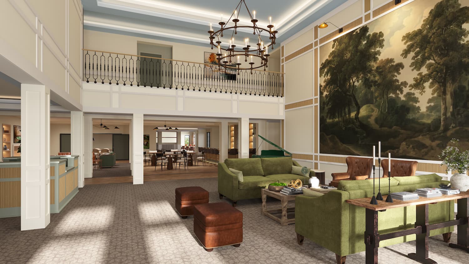 Traditions of Aboite grand lobby rendering with a two-story atrium, wrought-iron chandelier, green sofas, and a large landscape mural